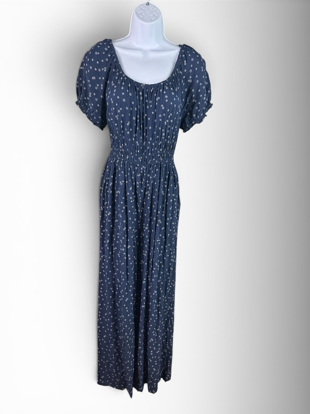 Madewell Jumpsuit Floral Elastic Waist Puff Elastic Sleeves Pockets Navy White M